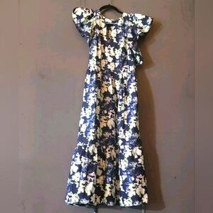 A New Day Blue Floral Dress Women's Size Medium Maxi Tea Length Ruffle Coastal‎